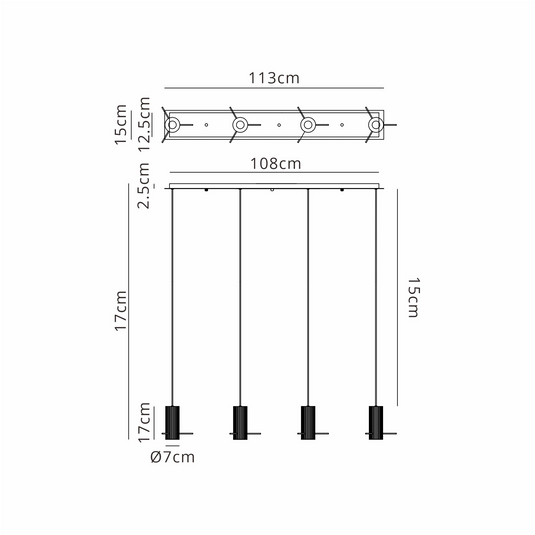 C-Lighting Bridge Ribbed Linear Pendant, 4 Light Adjustable E27, Dark Grey/Smoke Wide Line Glass -