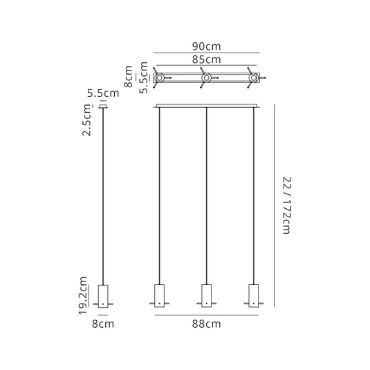 C-Lighting Bridge Linear Pendant, 3 Light Adjustable E27, Polished Nickel/Black/Iridescent Fade Glass - 61014