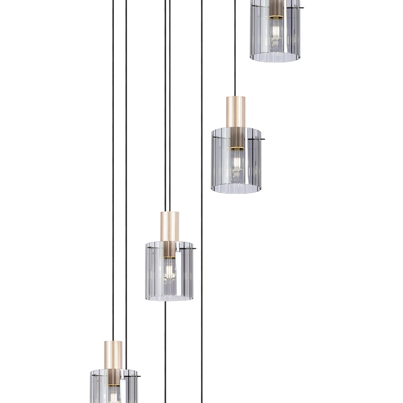 Load image into Gallery viewer, C-Lighting Bridge Ribbed Round Pendant, 9 Light Adjustable E27, Light Gold/Smoke Wide Line Glass -
