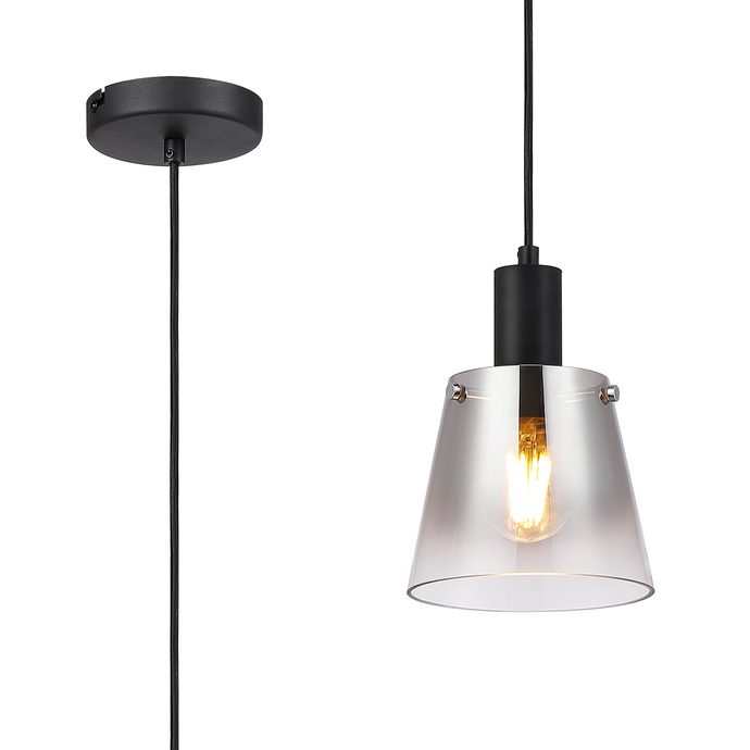 C-Lighting Hektor Single Pendant With 16cm x 14cm Shade, 1 Light E27, Sand Black/Smoke Faded Glass Shade  - 60867