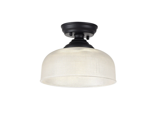 C-Lighting Nash 1 Light Flush Ceiling E27 With Round 26.5cm Prismatic Effect Glass Shade Matt Black/Clear  -