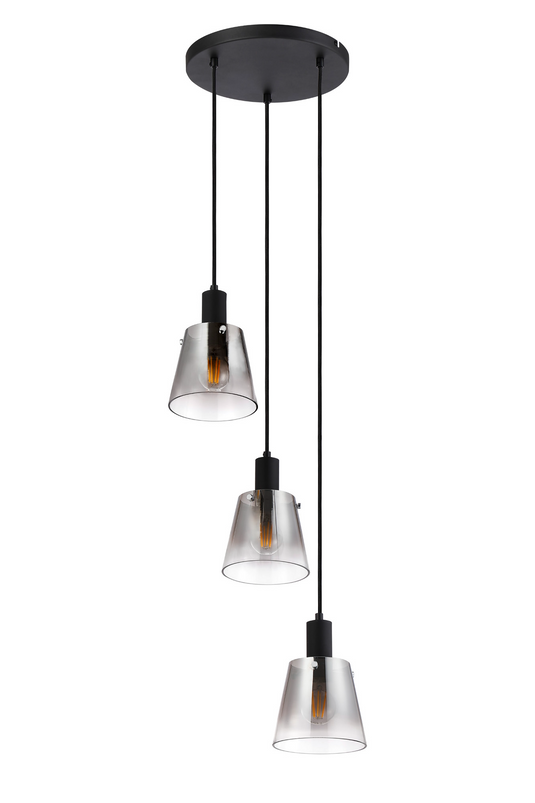 C-Lighting Hektor Round Pendant With 16cm x 14cm Shade, 3 Light E27, Sand Black/Smoke Faded Glass Shade - 60891