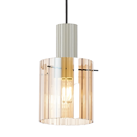 C-Lighting Bridge Ribbed Single Pendant, 1 Light Adjustable E27, Painted Beige/Amber Wide Line Glass -