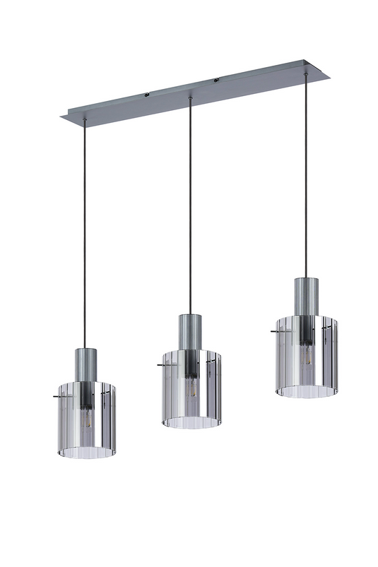 C-Lighting Bridge Ribbed Linear Pendant, 3 Light Adjustable E27, Dark Grey/Smoke Wide Line Glass -