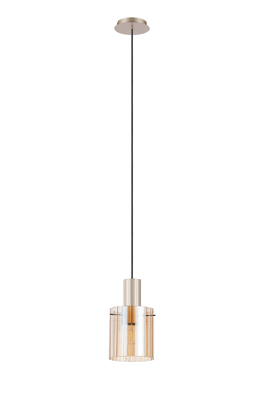 C-Lighting Bridge Ribbed Single Pendant, 1 Light Adjustable E27, Light Gold/Amber Wide Line Glass -