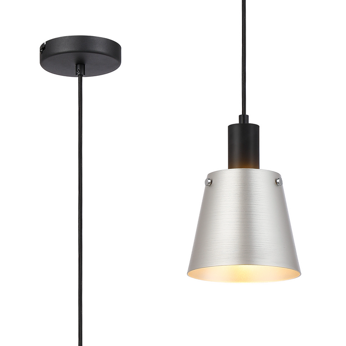 C-Lighting Hektor Single Pendant With 16cm x 14cm Shade, 1 Light E27, Sand Black/Light Grey/Silver Metal Shade - 60865