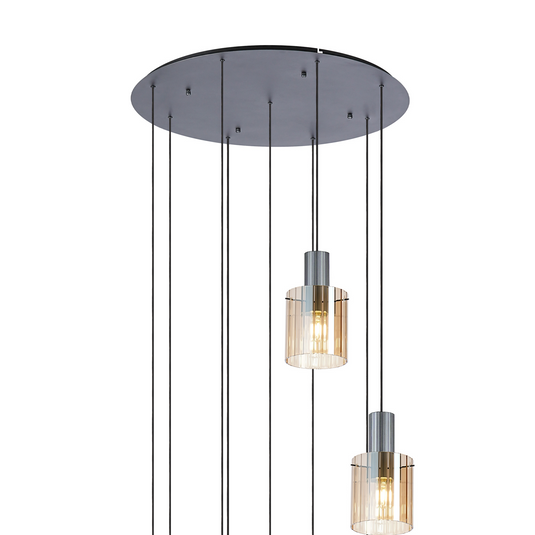 C-Lighting Bridge Ribbed Round Pendant, 9 Light Adjustable E27, Dark Grey/Amber Wide Line Glass -