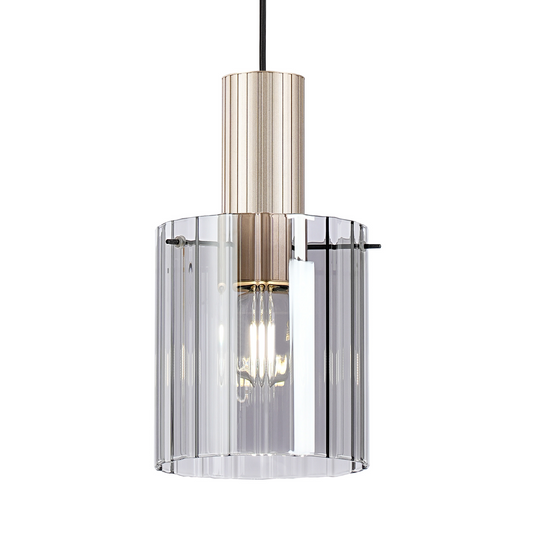 C-Lighting Bridge Ribbed Single Pendant, 1 Light Adjustable E27, Light Gold/Smoke Wide Line Glass -