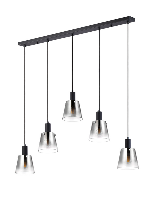 C-Lighting Hektor Linear Pendant With 16cm x 14cm Shade, 5 Light E27, Sand Black/Smoke Faded Glass Shade - 60885