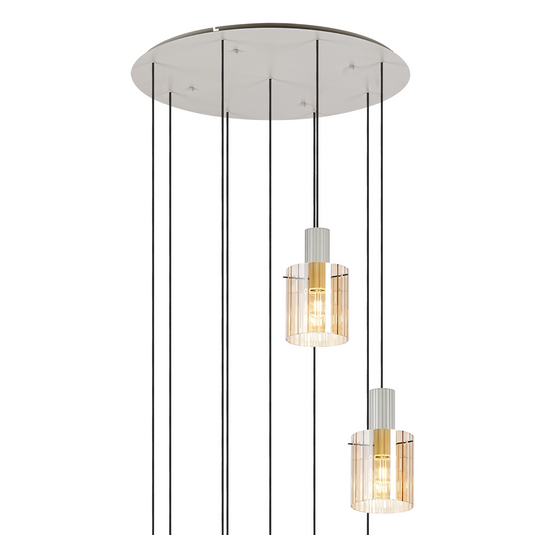 C-Lighting Bridge Ribbed Round Pendant, 9 Light Adjustable E27, Painted Beige/Amber Wide Line Glass -