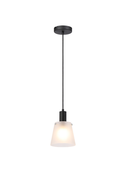 C-Lighting Hektor Single Pendant With 16cm x 14cm Shade, 1 Light E27, Sand Black/Frosted White Glass Shade  - 60866