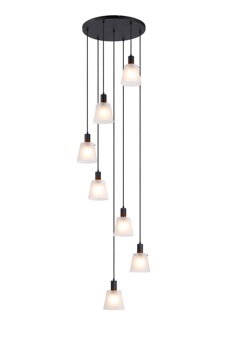 C-Lighting Hektor Round Pendant With 16cm x 14cm Shade, 7 Light E27, Sand Black/Frosted White Glass Shade - 60902
