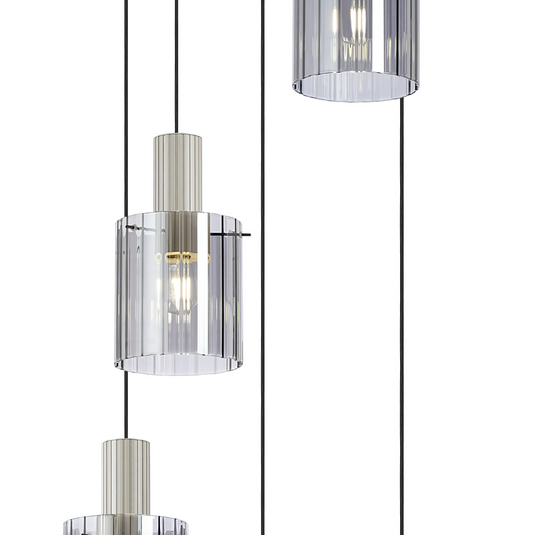 C-Lighting Bridge Ribbed Round Pendant, 5 Light Adjustable E27, Painted Beige/Smoke Wide Line Glass -