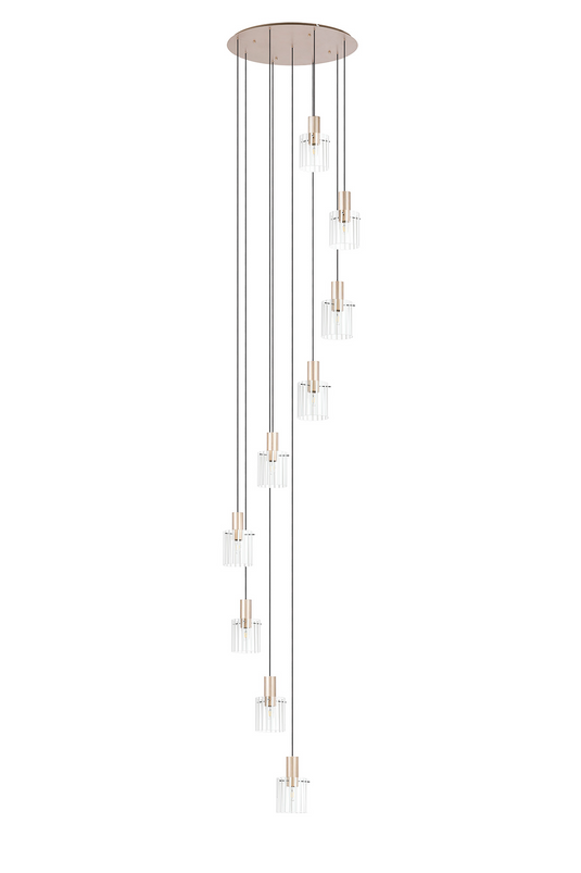 C-Lighting Bridge Ribbed Round Pendant, 9 Light Adjustable E27, Light Gold/Frosted Wide Line Glass -