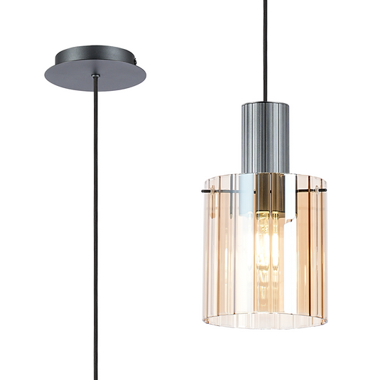 C-Lighting Bridge Ribbed Single Pendant, 1 Light Adjustable E27, Dark Grey/Amber Wide Line Glass -