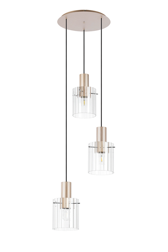 C-Lighting Bridge Ribbed Round Pendant, 3 Light Adjustable E27, Light Gold/Clear Wide Line Glass-