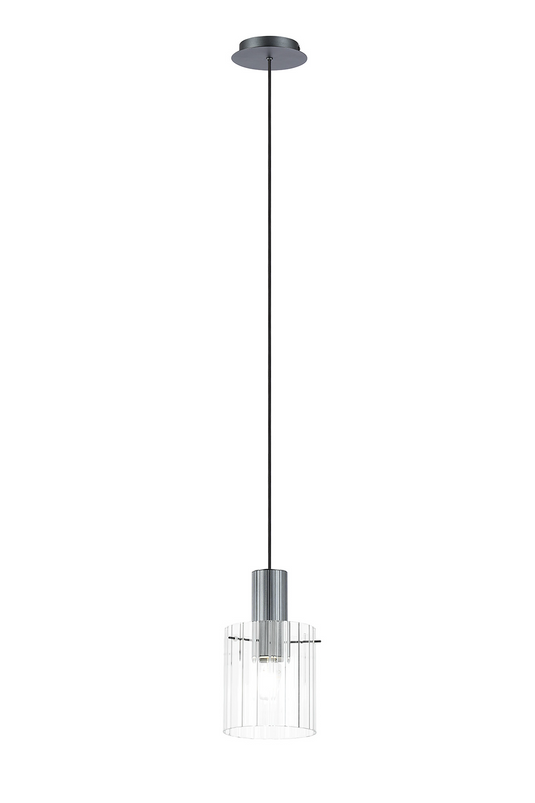 C-Lighting Bridge Ribbed Single Pendant, 1 Light Adjustable E27, Dark Grey/Clear Wide Line Glass -