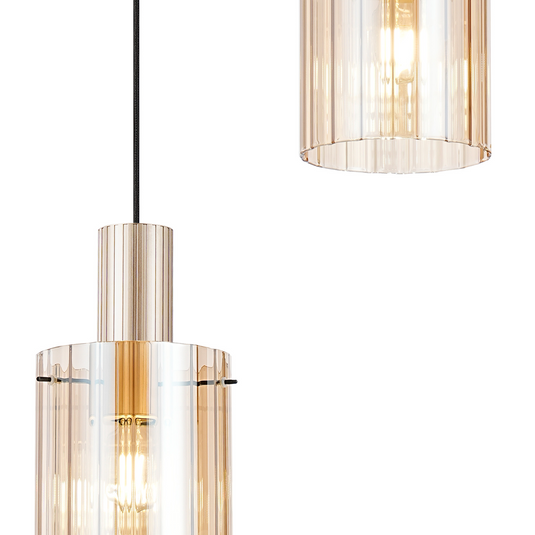 C-Lighting Bridge Ribbed Round Pendant, 3 Light Adjustable E27, Light Gold/Amber Wide Line Glass-