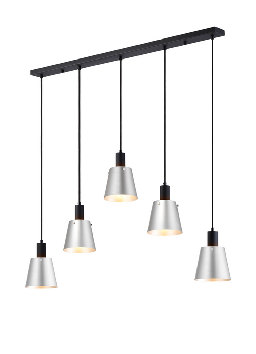C-Lighting Hektor Linear Pendant With 16cm x 14cm Shade, 5 Light E27, Sand Black/Light Grey/Silver Metal Shade - 60883