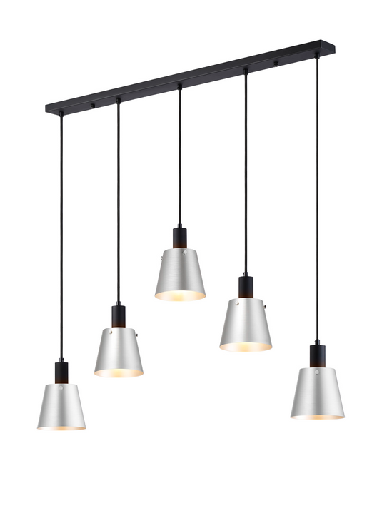 C-Lighting Hektor Linear Pendant With 16cm x 14cm Shade, 5 Light E27, Sand Black/Light Grey/Silver Metal Shade - 60883