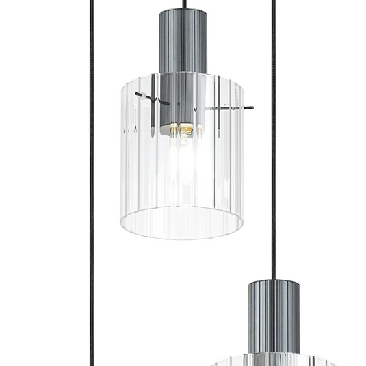 C-Lighting Bridge Ribbed Round Pendant, 3 Light Adjustable E27, Dark Grey/Clear Wide Line Glass -