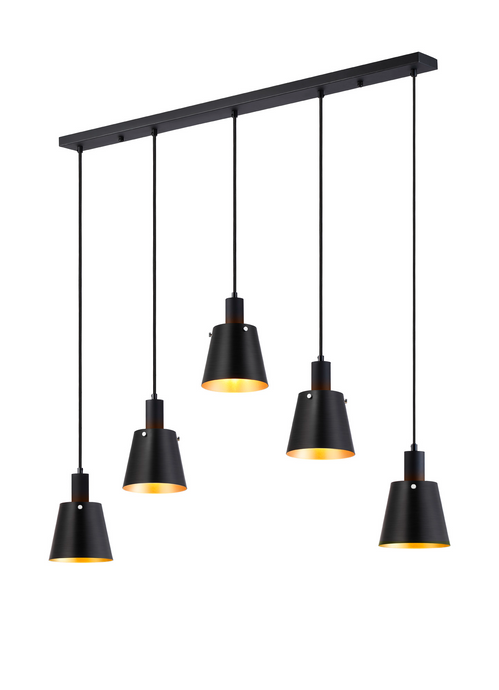 C-Lighting Hektor Linear Pendant With 16cm x 14cm Shade, 5 Light E27, Sand Black/Black/Gold Metal Shade - 60880