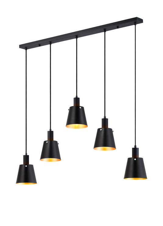 C-Lighting Hektor Linear Pendant With 16cm x 14cm Shade, 5 Light E27, Sand Black/Black/Gold Metal Shade - 60880