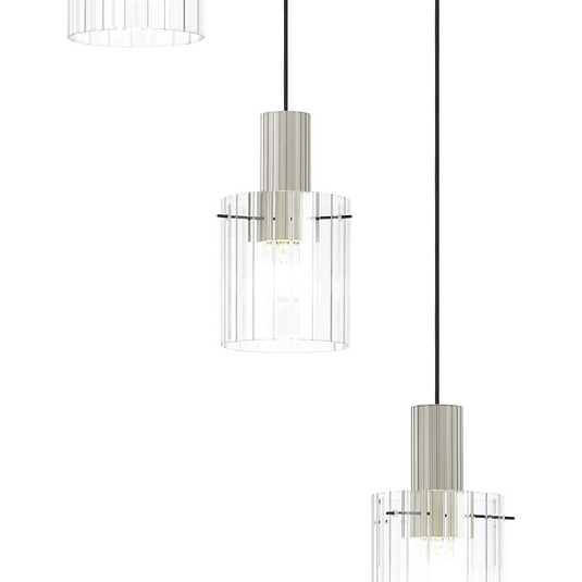 C-Lighting Bridge Ribbed Round Pendant, 5 Light Adjustable E27, Painted Beige/Clear Wide Line Glass -