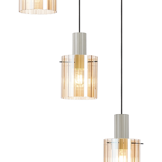 C-Lighting Bridge Ribbed Round Pendant, 5 Light Adjustable E27, Painted Beige/Amber Wide Line Glass -