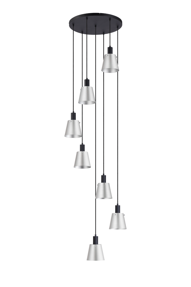 Load image into Gallery viewer, C-Lighting Hektor Round Pendant With 16cm x 14cm Shade, 7 Light E27, Sand Black/Light Grey/Silver Metal Shade - 60901
