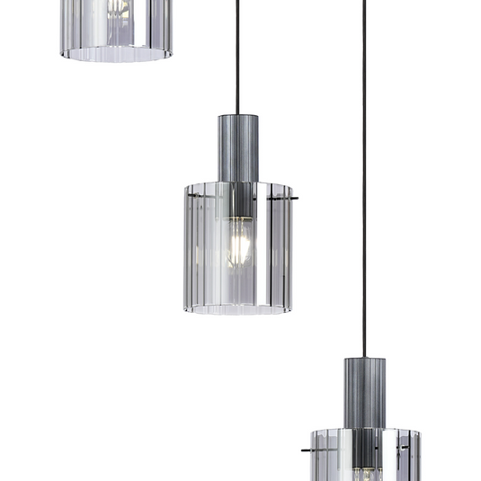 C-Lighting Bridge Ribbed Round Pendant, 5 Light Adjustable E27, Dark Grey/Smoke Wide Line Glass -