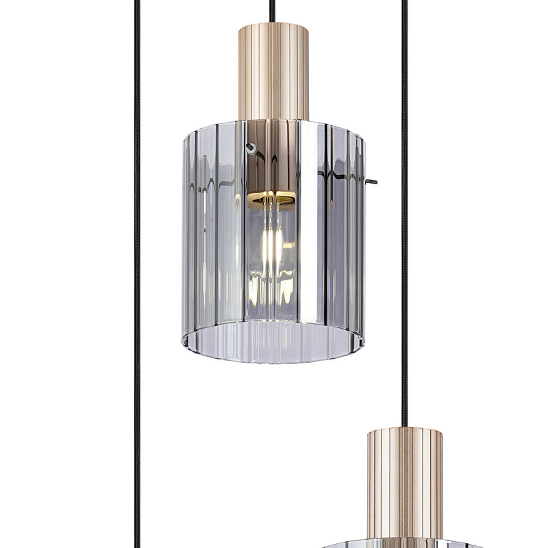 Load image into Gallery viewer, C-Lighting Bridge Ribbed Round Pendant, 3 Light Adjustable E27, Light Gold/Smoke Wide Line Glass-
