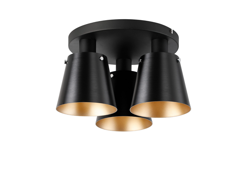 Load image into Gallery viewer, C-Lighting Hektor Round Ceiling Light With 16cm x 14cm Shade, 3 Light E27, Sand Black/Black/Gold Metal Shade - 60851
