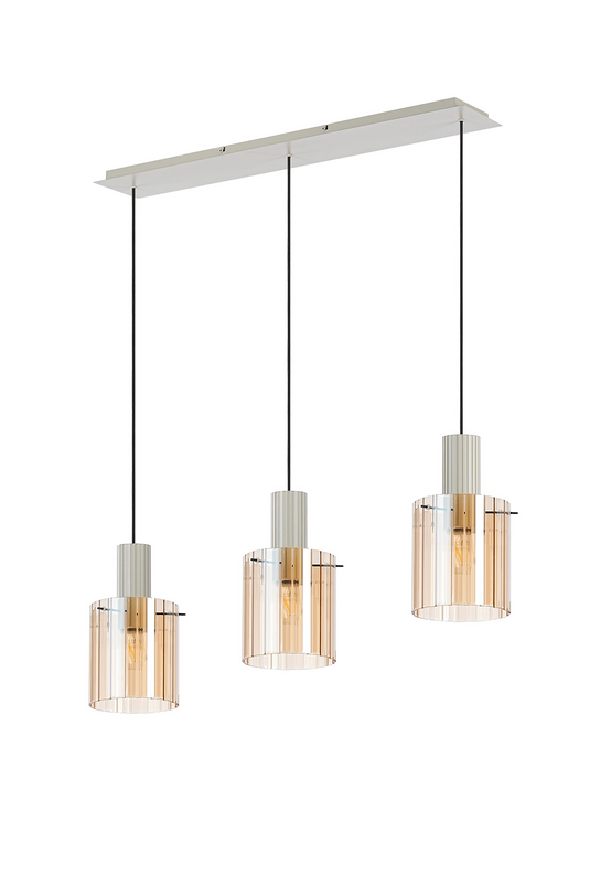 C-Lighting Bridge Ribbed Linear Pendant, 3 Light Adjustable E27, Painted Beige/Amber Wide Line Glass -