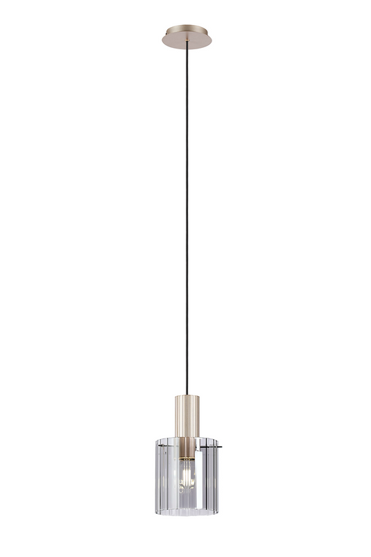 C-Lighting Bridge Ribbed Single Pendant, 1 Light Adjustable E27, Light Gold/Smoke Wide Line Glass -