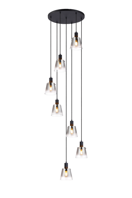 C-Lighting Hektor Round Pendant With 16cm x 14cm Shade, 7 Light E27, Sand Black/Smoke Faded Glass Shade - 60903