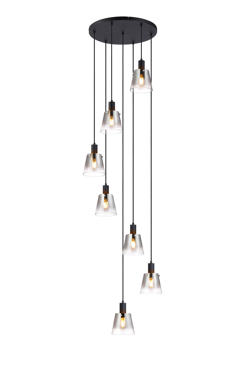 Load image into Gallery viewer, C-Lighting Hektor Round Pendant With 16cm x 14cm Shade, 7 Light E27, Sand Black/Smoke Faded Glass Shade - 60903
