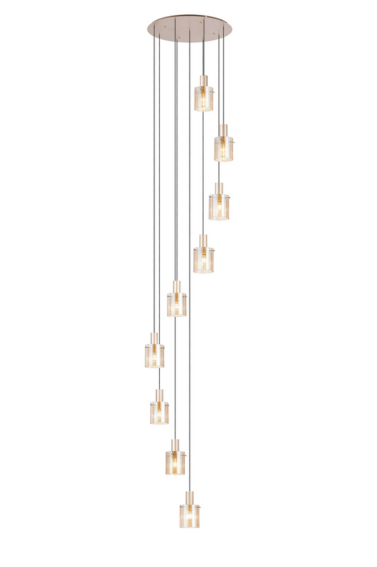 C-Lighting Bridge Ribbed Round Pendant, 9 Light Adjustable E27, Light Gold/Amber Wide Line Glass -