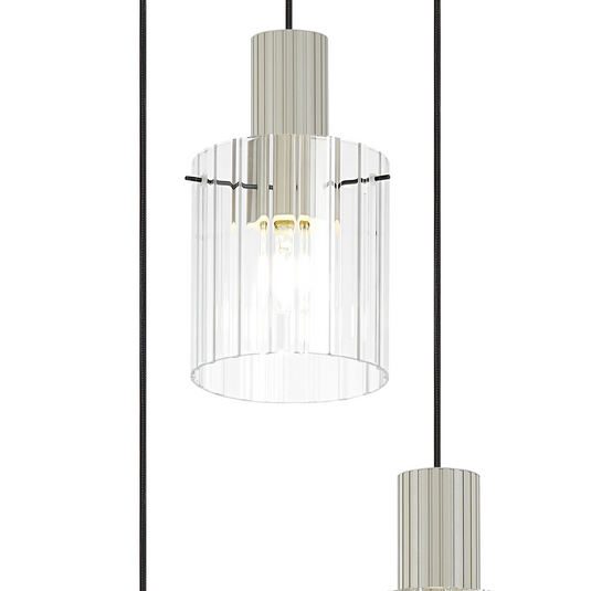 C-Lighting Bridge Ribbed Round Pendant, 3 Light Adjustable E27, Painted Beige/Clear Wide Line Glass-