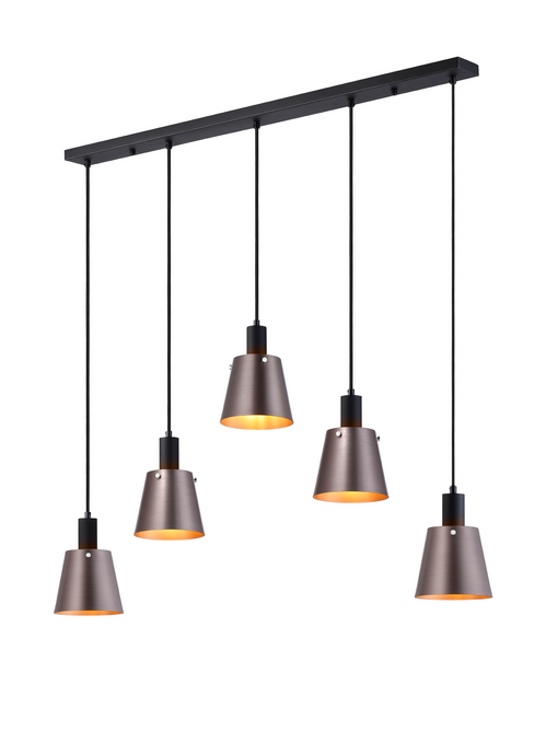 C-Lighting Hektor Linear Pendant With 16cm x 14cm Shade, 5 Light E27, Sand Black/Brown/Copper Metal Shade - 60881