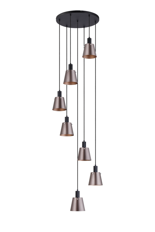 C-Lighting Hektor Round Pendant With 16cm x 14cm Shade, 7 Light E27, Sand Black/Brown/Copper Metal Shade - 60899