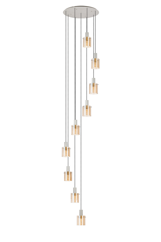 C-Lighting Bridge Ribbed Round Pendant, 9 Light Adjustable E27, Painted Beige/Amber Wide Line Glass -