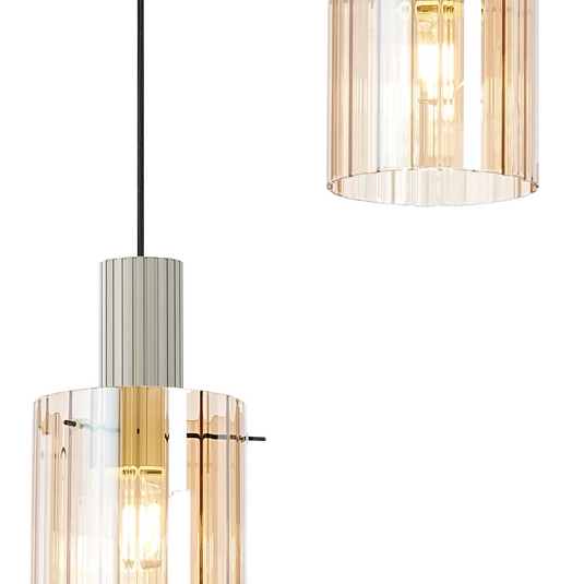 C-Lighting Bridge Ribbed Round Pendant, 3 Light Adjustable E27, Painted Beige/Amber Wide Line Glass-