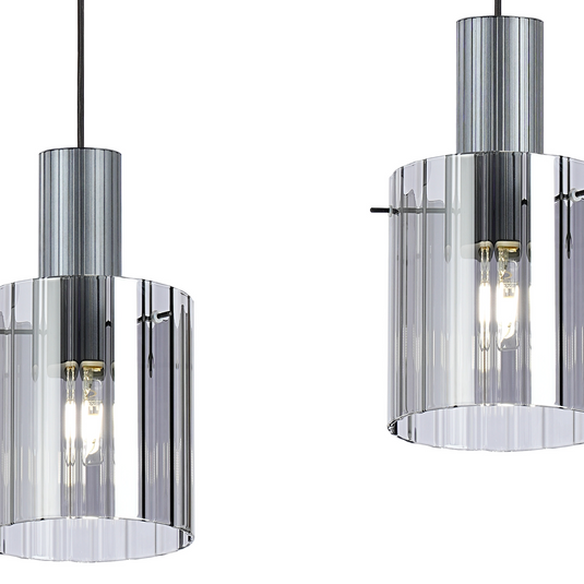 C-Lighting Bridge Ribbed Linear Pendant, 3 Light Adjustable E27, Dark Grey/Smoke Wide Line Glass -