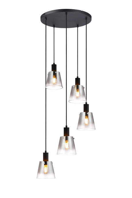 C-Lighting Hektor Round Pendant With 16cm x 14cm Shade, 5 Light E27, Sand Black/Smoke Faded Glass Shade - 60897