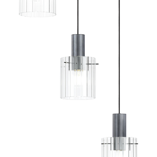 C-Lighting Bridge Ribbed Round Pendant, 5 Light Adjustable E27, Dark Grey/Clear Wide Line Glass -