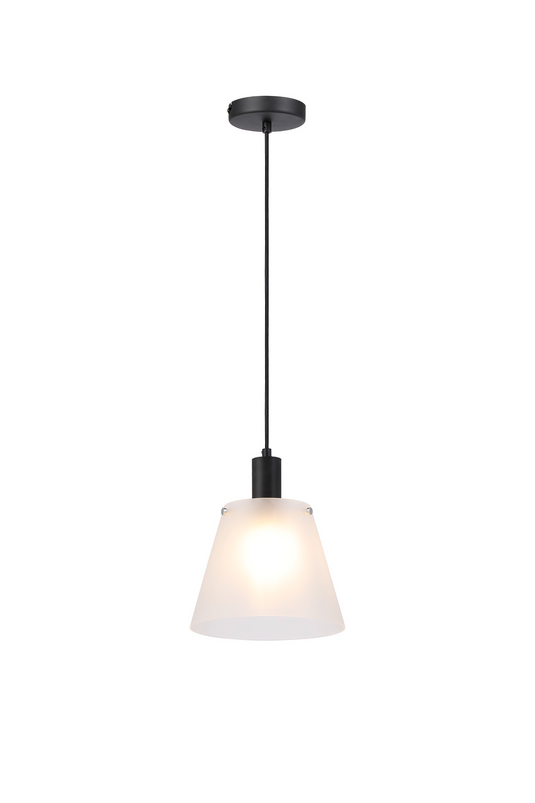 C-Lighting Hektor Single Pendant With 23cm x 18cm Shade, 1 Light E27, Sand Black/Frosted White Glass Shade  - 60869