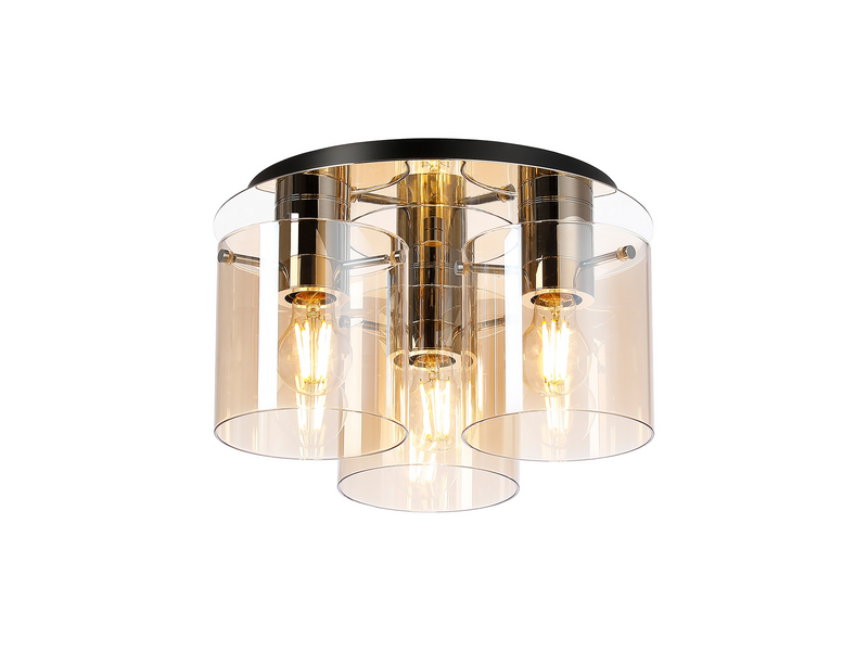 Load image into Gallery viewer, C-Lighting Bridge Round Ceiling Flush, 3 Light Flush Fitting, Polished Nickel/Black/Amber Glass - 61029
