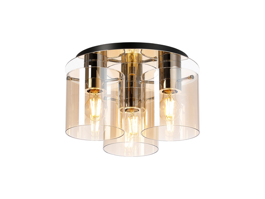 C-Lighting Bridge Round Ceiling Flush, 3 Light Flush Fitting, Polished Nickel/Black/Amber Glass - 61029