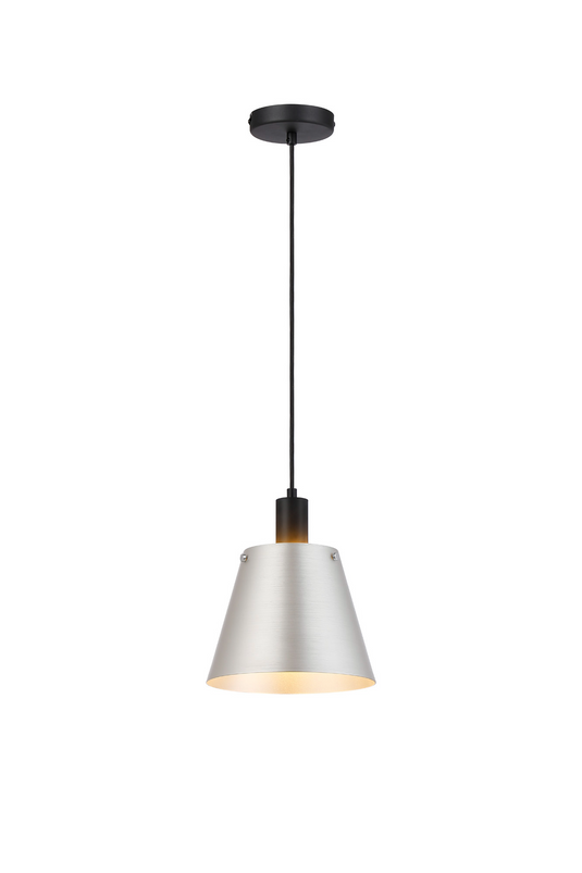 C-Lighting Hektor Single Pendant With 23cm x 18cm Shade, 1 Light E27, Sand Black/Light Grey/Silver Metal Shade  - 60873
